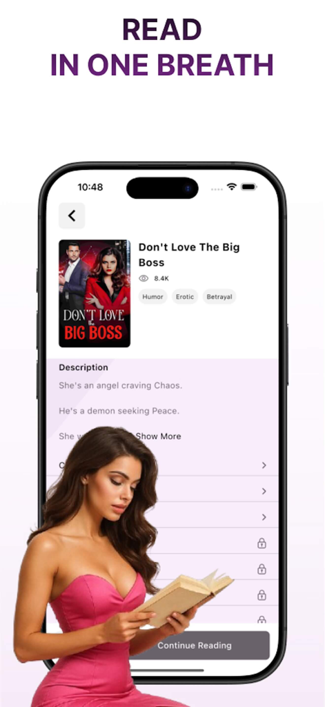 NovelFic-Novels&Fictions Story - Una interfaz móvil para la aplicación NovelFic que muestra una novela romántica titulada Don't Love The Big Boss con una mujer con un vestido rosa leyendo un libro.