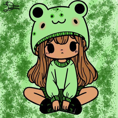 a girl wearing a frog hat and some frog socks
