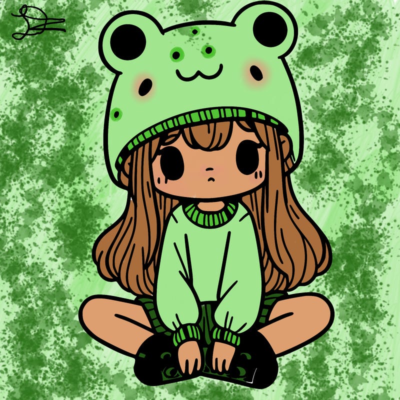 a girl wearing a frog hat and some frog socks