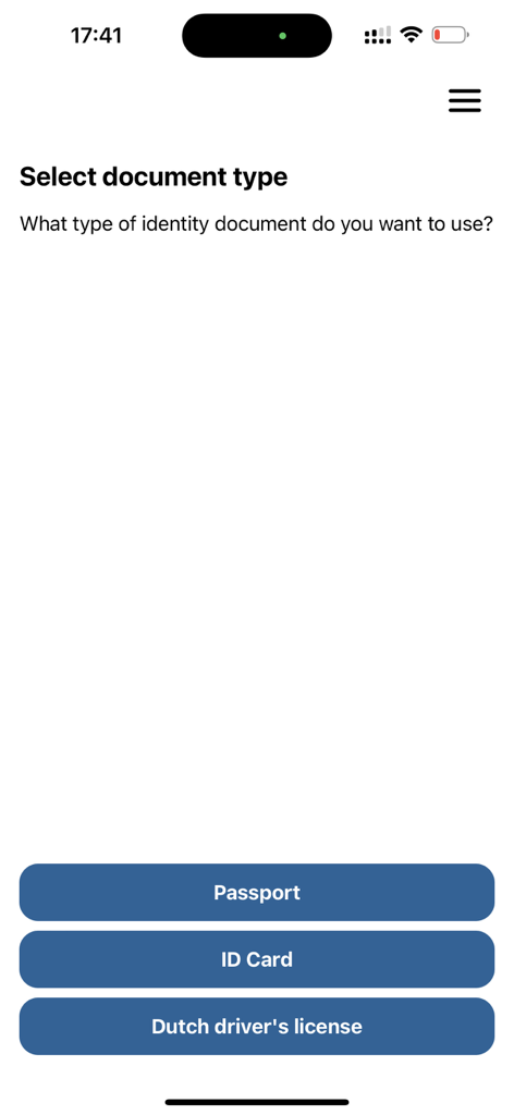 Interface d'application mobile pour sélectionner le type de document d'identité avec des options pour Passeport, Carte d'identité et Permis de conduire néerlandais