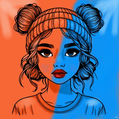realistic girl with buns in her hair with a beanie on