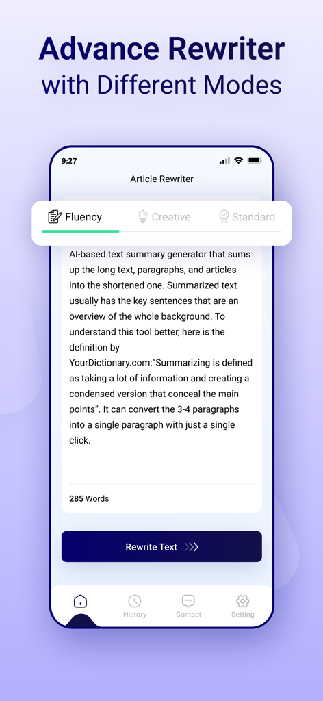 Article Rewriter Spinner - Oberfläche der Artikel-Umformulierer Spinner-App, die die Umschreibemodi Fluency Creative und Standard mit einem Texteingabebereich und einer Schaltfläche zum Umschreiben zeigt