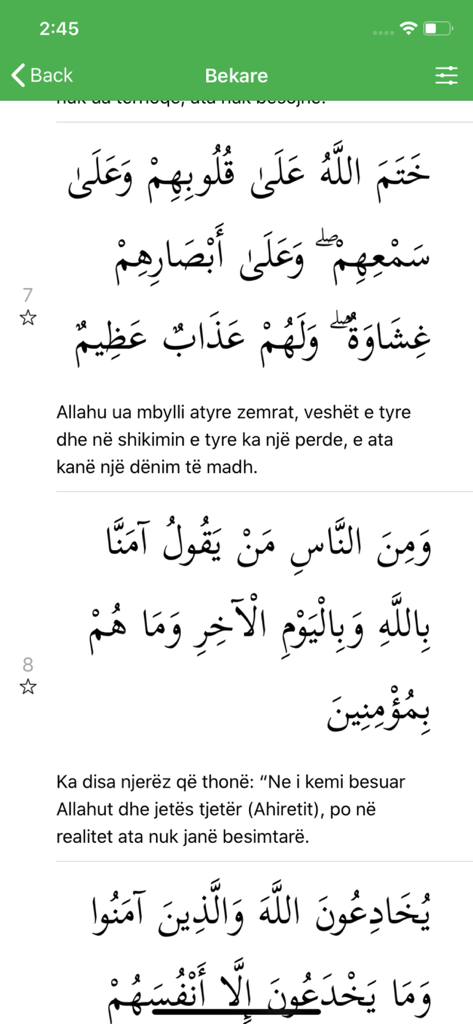 Quran verses in Arabic with Albanian translation on mobile app