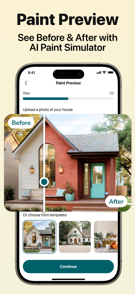 Before and after house paint simulation in the AI Paint Color Visualizer app