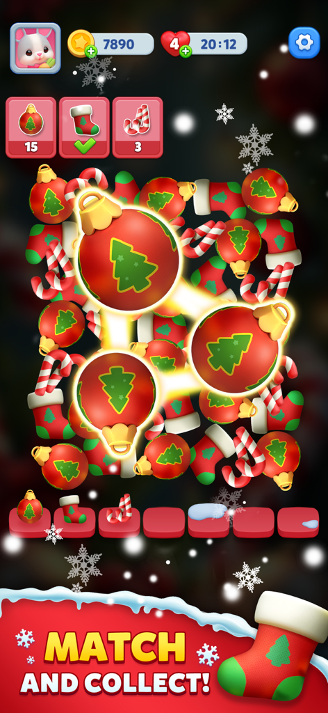 Toy Match 3D: Triple Match - Toy Match 3D mobile game screenshot of a Christmas level with matching ornaments and holiday toys
