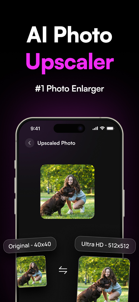 AI Upscale Image: 8X Upscaler - Schnittstelle der AI-Foto-Upscaler-App, die zeigt, wie ein niedrig aufgelöstes Foto in Ultra-HD-Qualität vergrößert wird