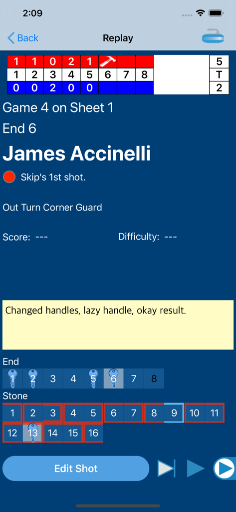 A detailed shot replay screen in the Curl Coach 2 app showing a curling scoreboard, player name, and performance notes.