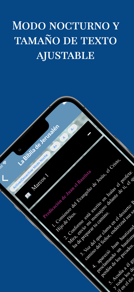 La Biblia de Jerusalén - La Biblia de Jerusalén app screenshot showing night mode and adjustable text size features in Spanish