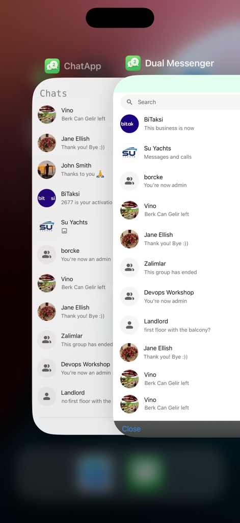 Dual Messenger for WA Web - Pantalla de iPhone mostrando dos ventanas de chat superpuestas representando cuentas de mensajero dual