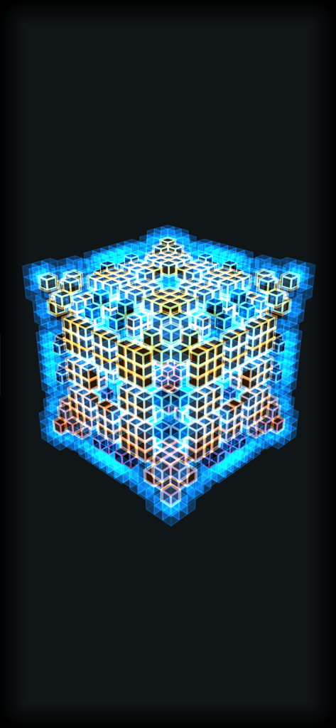 Una grande struttura cubica fatta di voxel blu e arancioni luminosi in una simulazione di automi cellulari 3D