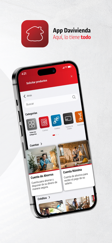 A smartphone displaying the Davivienda mobile app interface with options to request financial products like savings accounts and loans