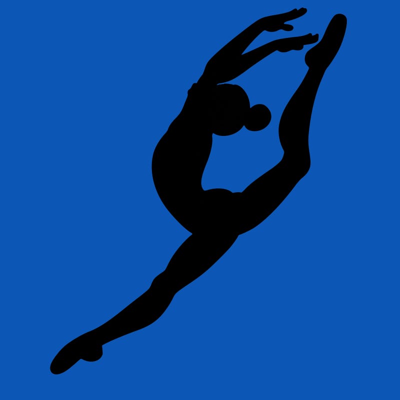 gymnast doing a leap in a leotard with a bent back leg