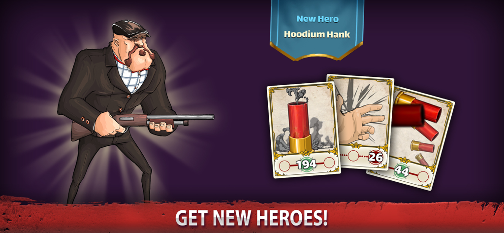 Mafioso: mafia duel TBS RPG - A new character called Hoodium Hank holding a shotgun and showcasing ability cards in the Mafioso mobile game.