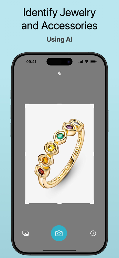 Jewelry Identifier - AI Scan - Interface of the Jewelry Identifier app using AI to scan a gold ring featuring multiple colorful gemstones.