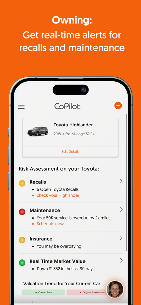 CoPilot app dashboard displaying real-time alerts for vehicle recalls maintenance schedules and market value tracking for a Toyota Highlander