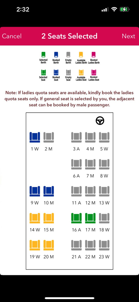 Seat selection screen in the TNSTC bus booking app showing the internal layout of a bus with available and selected seats