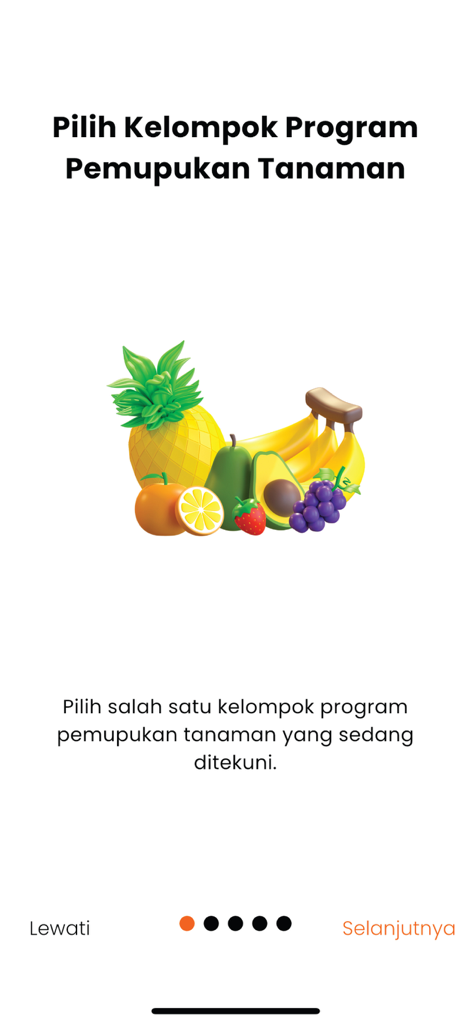 Petani Cerdas - Onboarding screen for selecting plant fertilization programs with fruit illustrations
