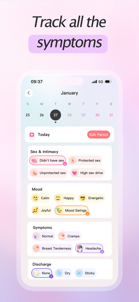 Period Tracker・Cycle Calendar - 기분 및 신체 건강 추적을 위한 생리 주기 추적기 앱의 증상 기록 화면