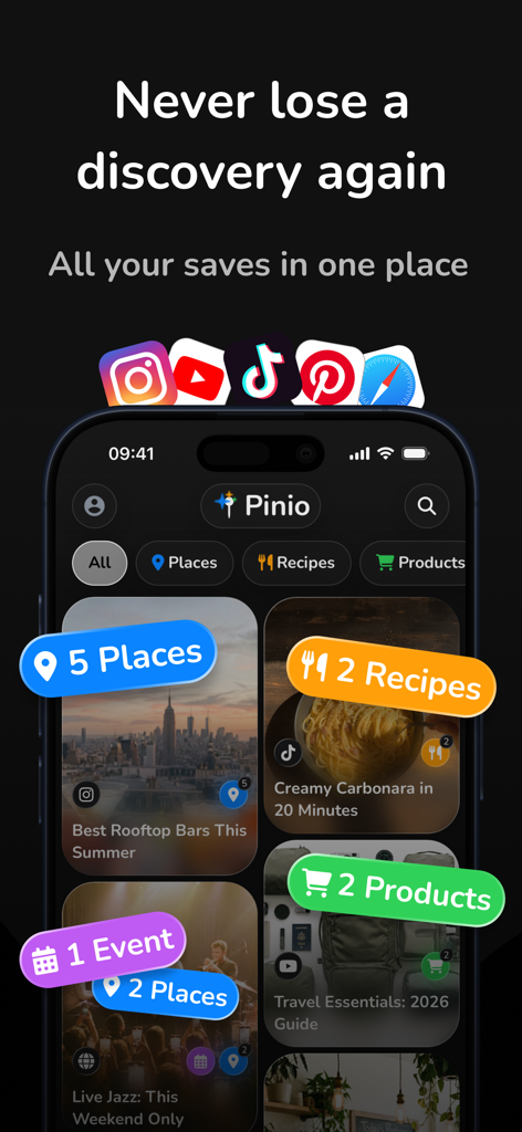 Pinio: Pin & Organize - Tela inicial do aplicativo Pinio mostrando uma grade visual de salvamentos organizados de mídias sociais como locais e receitas