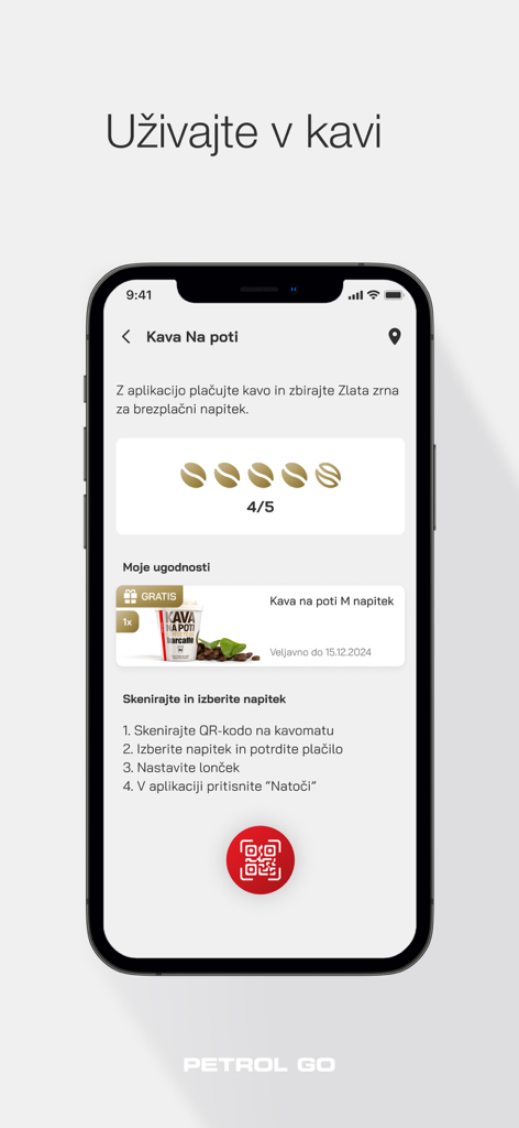 Petrol GO - Pantalla del smartphone mostrando las recompensas de lealtad de café de la aplicación Petrol GO y el seguimiento del progreso