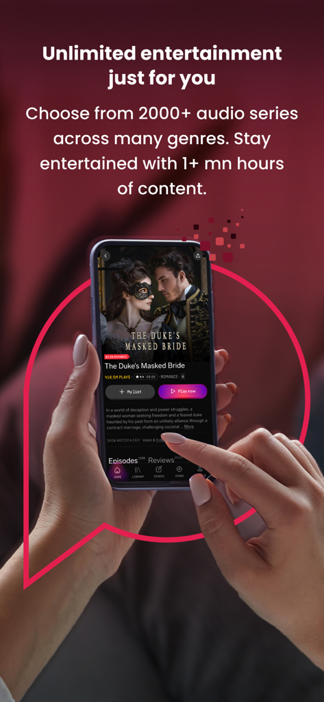 Pocket FM: Audio Series - Manos sosteniendo un smartphone mostrando la aplicación Pocket FM con una historia romántica titulada The Dukes Masked Bride