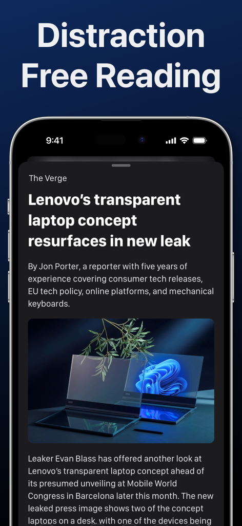 Bulletin: AI News Reader - iPhone screen displaying a clean, distraction-free news article about a Lenovo transparent laptop concept in the Bulletin app.