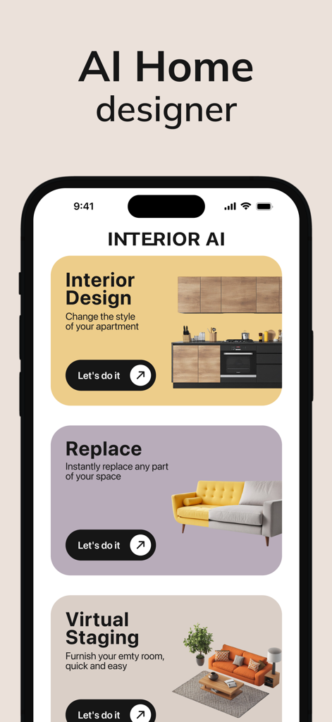 Interfaz de la aplicación móvil Interior AI que muestra opciones para el reemplazo de objetos de diseño de interiores y la decoración virtual