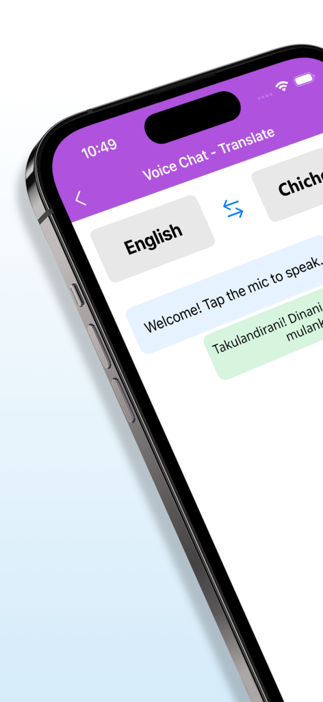 English - Chichewa Translator - Interface of the English to Chichewa Translator app showing the voice chat feature with translated text bubbles
