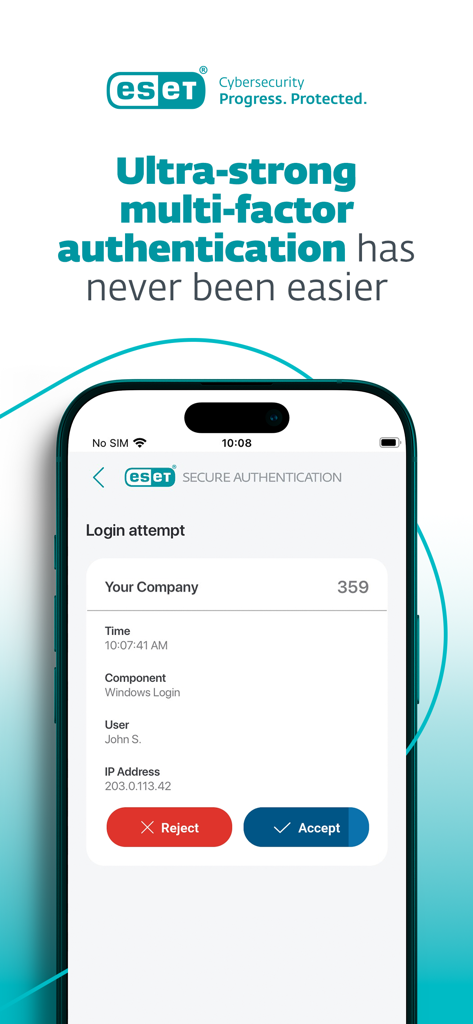 ESET Secure Authentication - ESET Secure Authentication mobile app displaying a multi-factor authentication login request with accept and reject buttons.