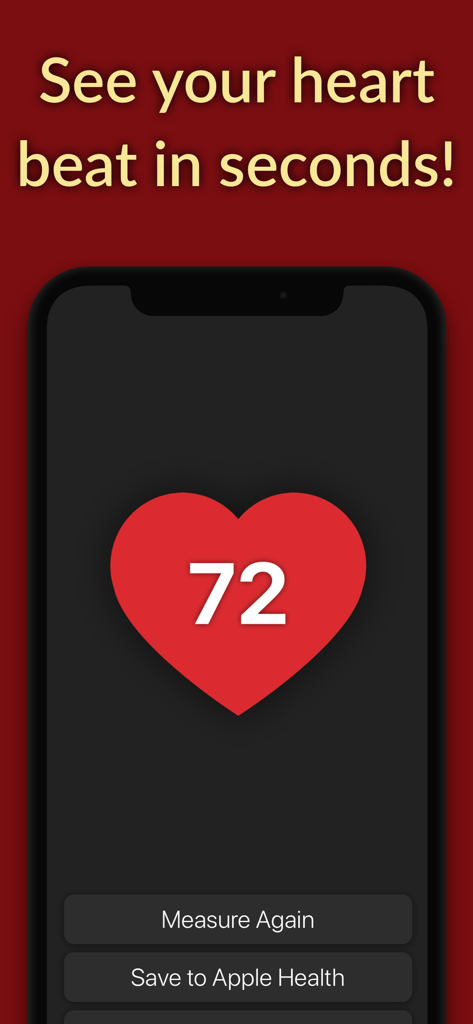 Smartphone screen showing a heart rate reading of 72 beats per minute with a button to save to Apple Health