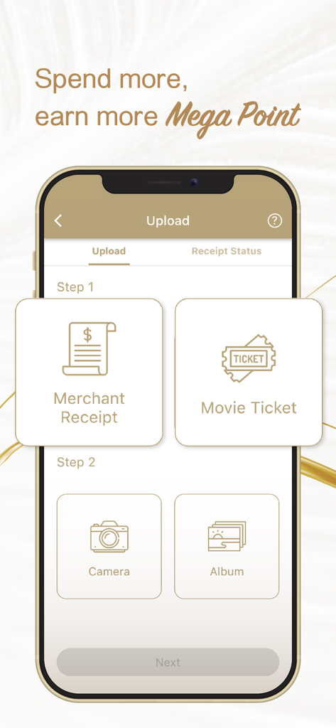 MegaBox - Écran de l'application MegaBox montrant les options pour télécharger des reçus de commerçants ou des billets de cinéma pour gagner des récompenses Mega Points