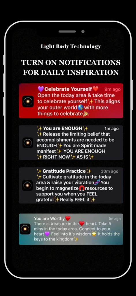 Écran mobile montrant plusieurs notifications d'affirmations spirituelles de l'application Lightbody Calendrier Lunaire de 13 Lunes, y compris des messages sur la gratitude et l'estime de soi.