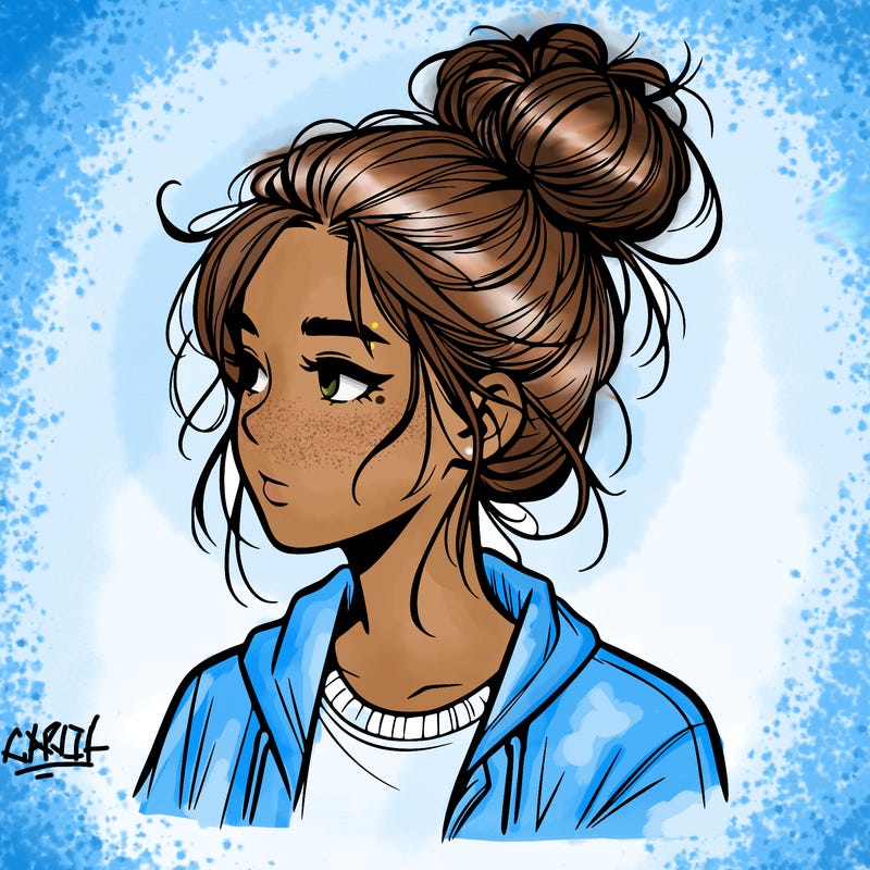realistic teenage girl with a messy bun
