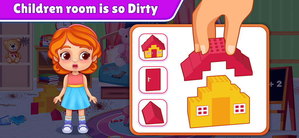 Baby Girl Home Cleaning - Un personaje de niña en un dormitorio desordenado arreglando una casa de muñecas con bloques de construcción coloridos en el juego Limpieza del Hogar para Niñas.