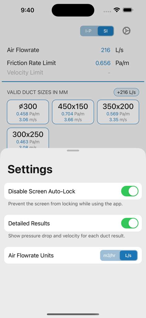 Settings menu of the Ductulator HVAC app showing unit toggles and duct sizing calculation results