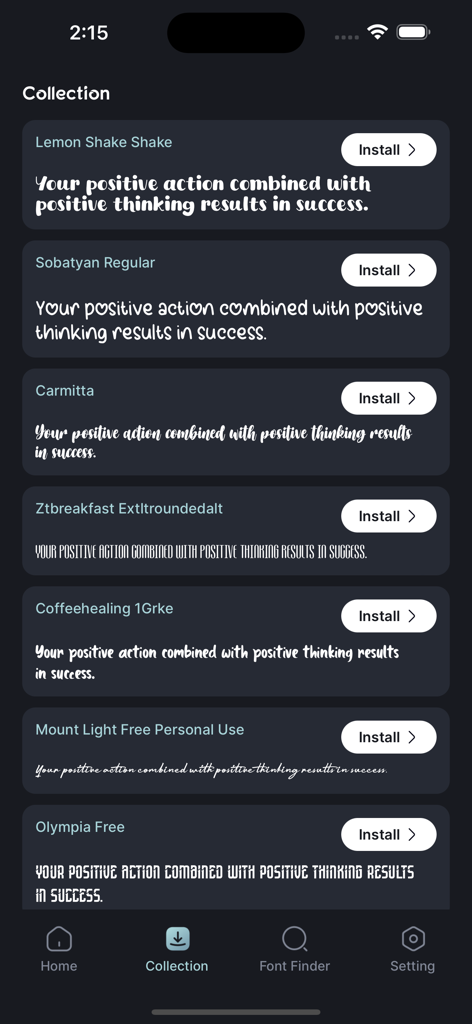 Interface d'application mobile affichant une collection de polices personnalisées avec du texte de prévisualisation et des boutons d'installation