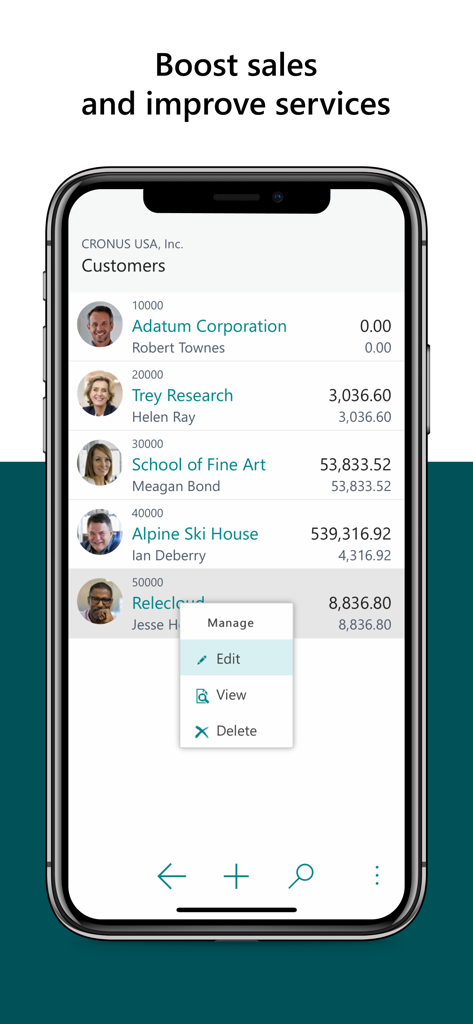 Lista de clientes da aplicação móvel Microsoft Dynamics 365 Business Central