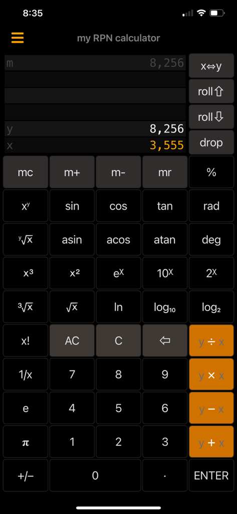 Scientific calculator interface using Reverse Polish Notation with a visible data stack