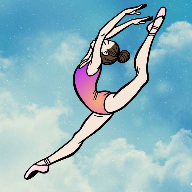 gymnast doing a leap in a leotard with a bent back leg
