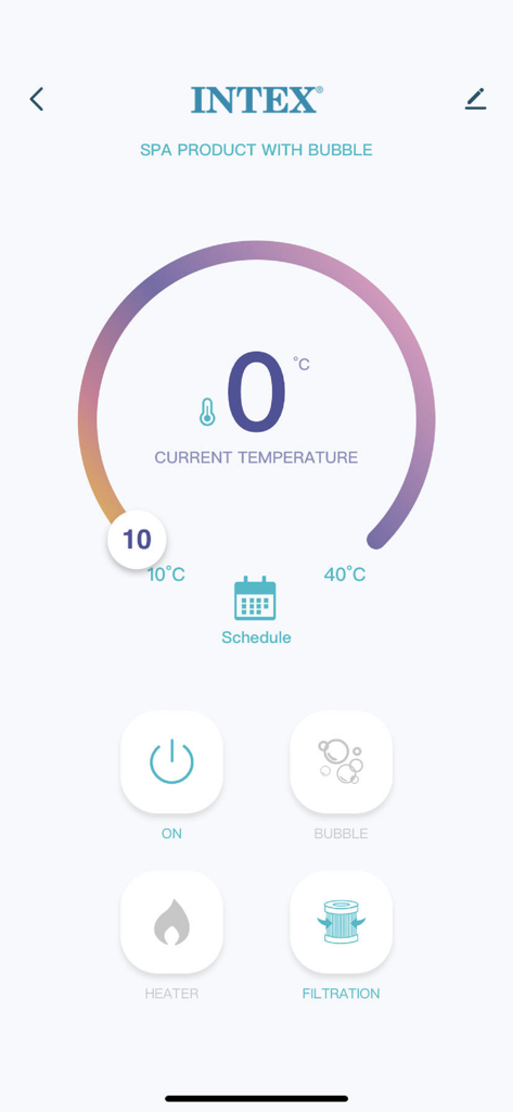 INTEX Link - INTEX Link app user interface showing spa temperature dial and control buttons for filtration and bubbles