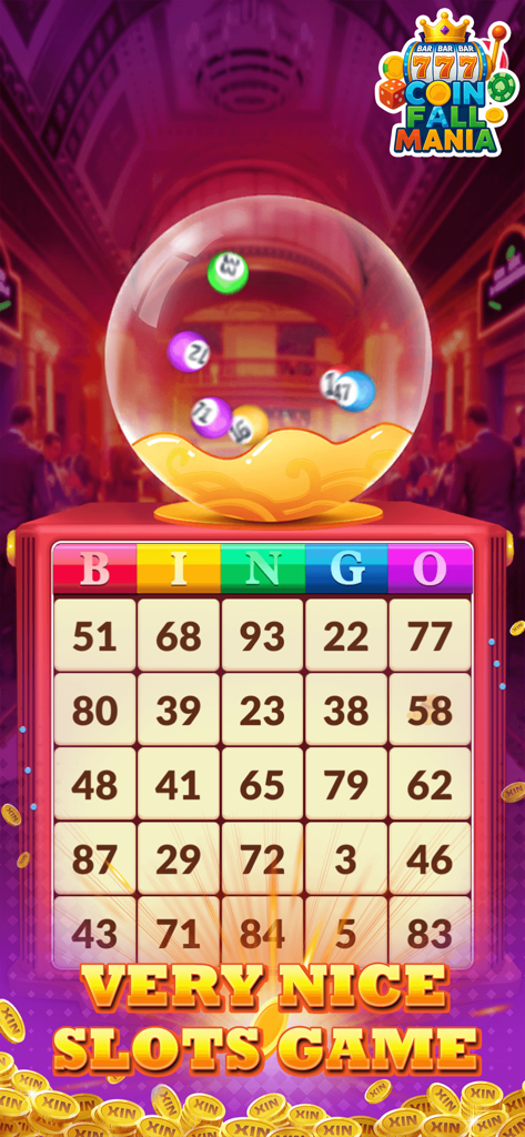 Coin Fall Mania - Interfaz del juego Coin Fall Mania mostrando una tarjeta de bingo y monedas de oro cayendo.