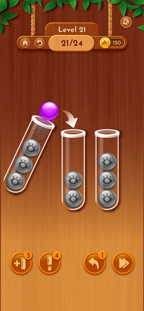 Woody Sort: Ball Sort Puzzle - Gameplay of Woody Sort showing colored balls being sorted into glass tubes on a rustic wooden background