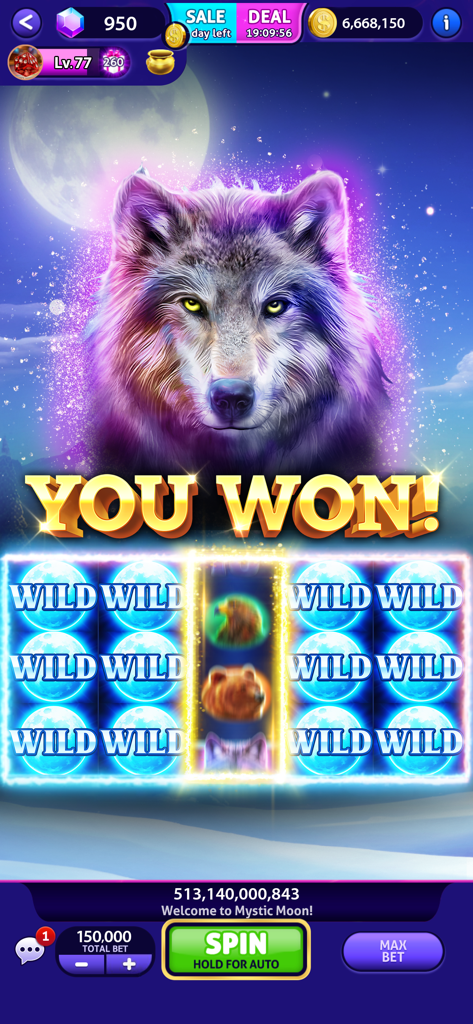 Win screen for the Mystic Moon slot machine in Club Vegas Slots featuring a majestic wolf and multiple wild symbols