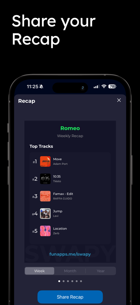Swapy app screen showing a weekly music recap with top tracks stats