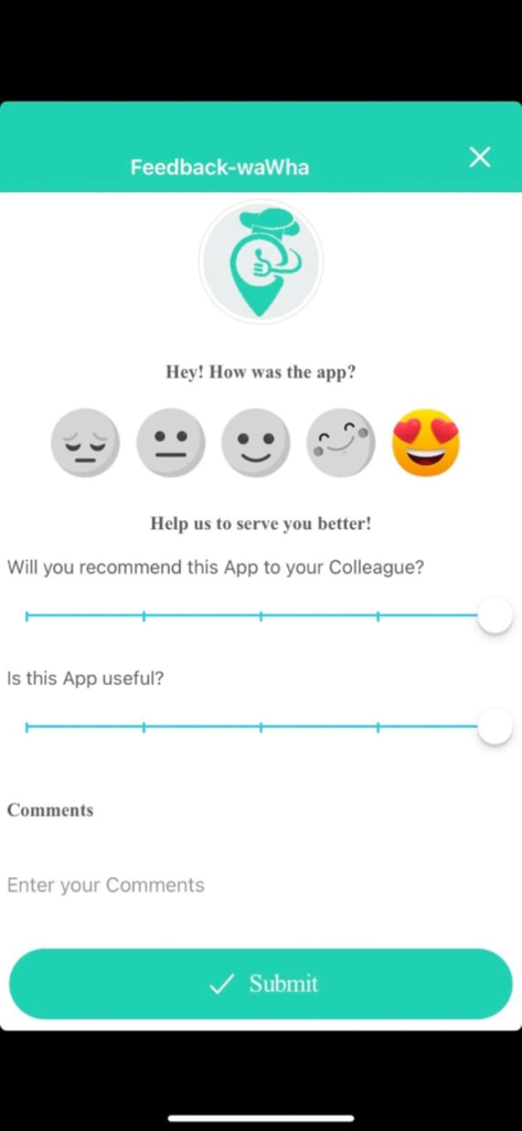 waWha - Interface de feedback do aplicativo waWha com classificações de emoji e campo de comentários.