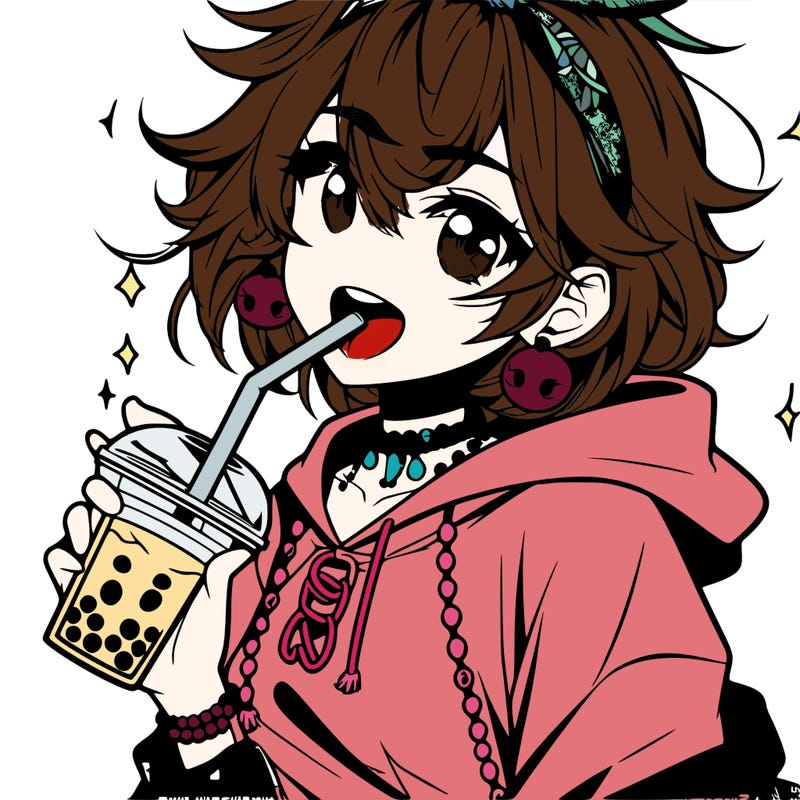 hot baddie anime girl drinking boba and biting the straw