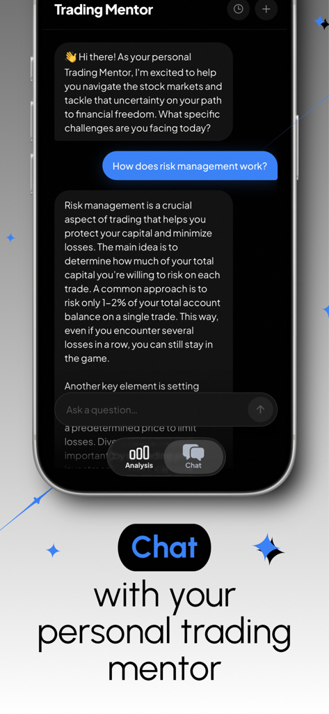 TradeLens: Chart Analysis - TradeLens mobile app interface featuring the AI trading mentor chat explaining risk management.
