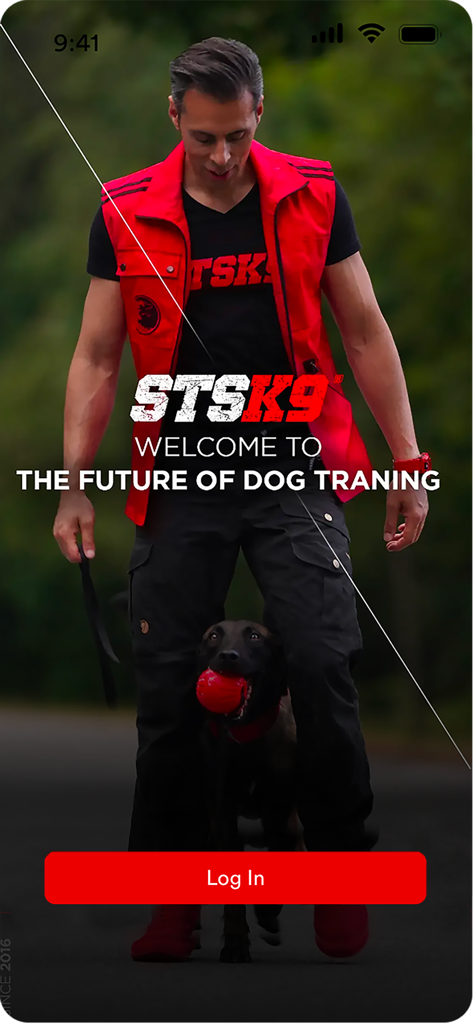 Tela inicial do aplicativo STSK9 apresentando um treinador de cães profissional e um cão Pastor Belga Malinois