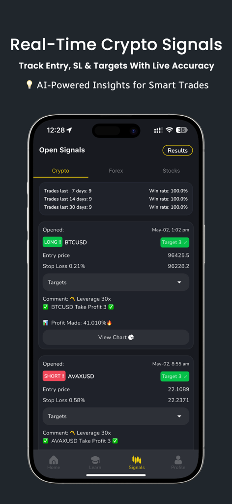 Smartphone screen displaying AI powered real time crypto trading signals with win rates and entry prices