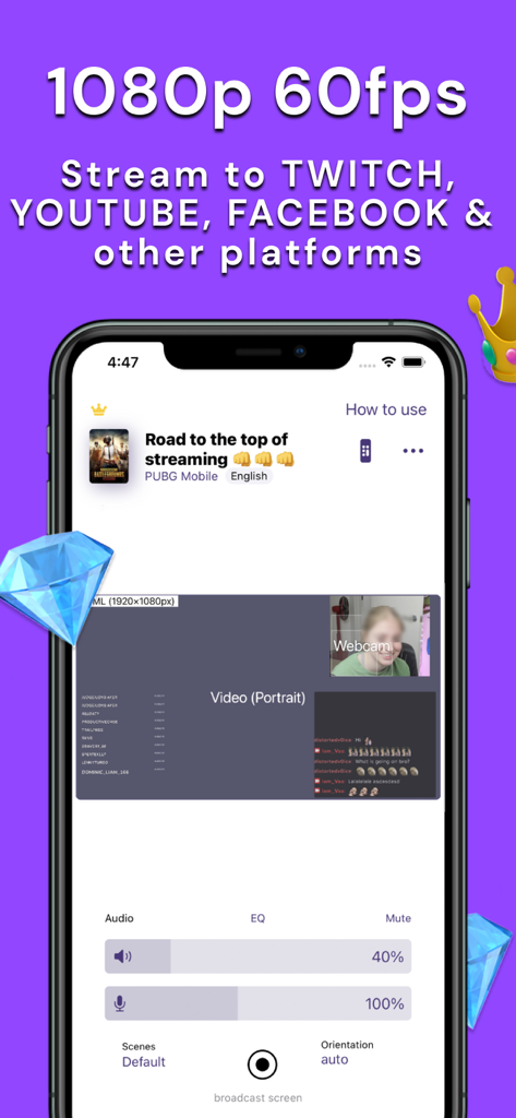 StreamChamp: Streaming App - StreamChamp app interface showing mobile live streaming settings for games like PUBG Mobile with 1080p 60fps support
